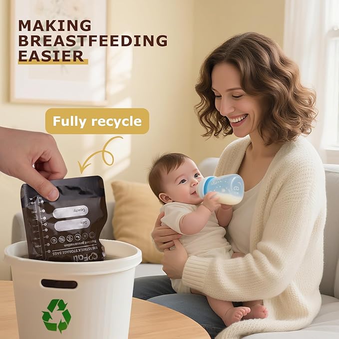 FATI Breastmilk Storage Bags-200 Pcs, 8Oz Blackout Breast Milk Storing Bag with Pour Spout for Baby Bottle Feeding/Breast Pump, No-Leak Milk Freezer Storage Pouches Self-Standing, Baby Essentials