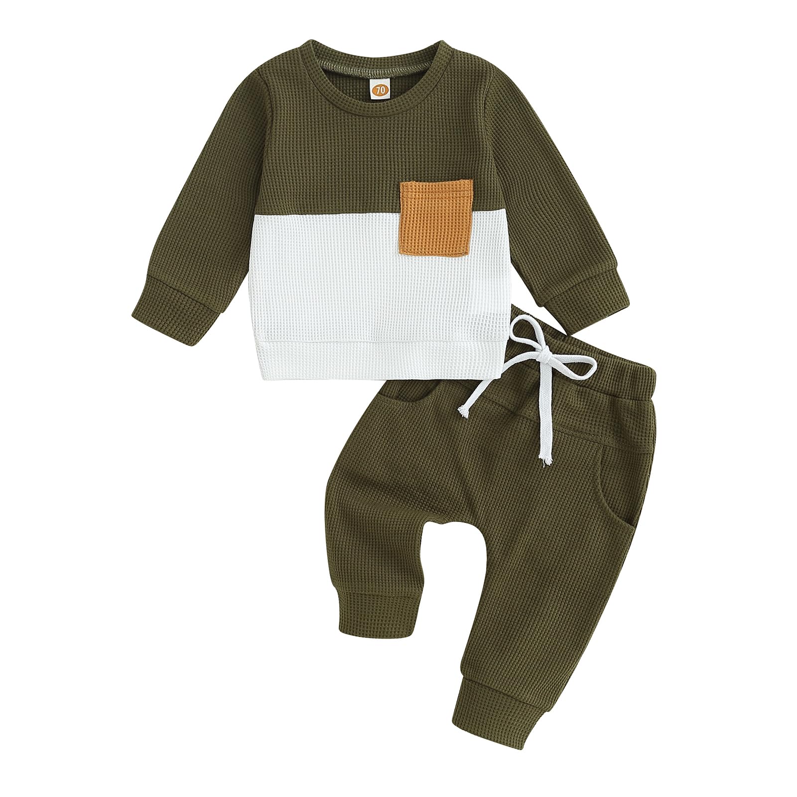 Fufuriprefer Toddler Baby Boy Fall Clothes Waffle outfit Long Sleeve Top Jogger Pant Set (Army Green White, 6-12 Months)