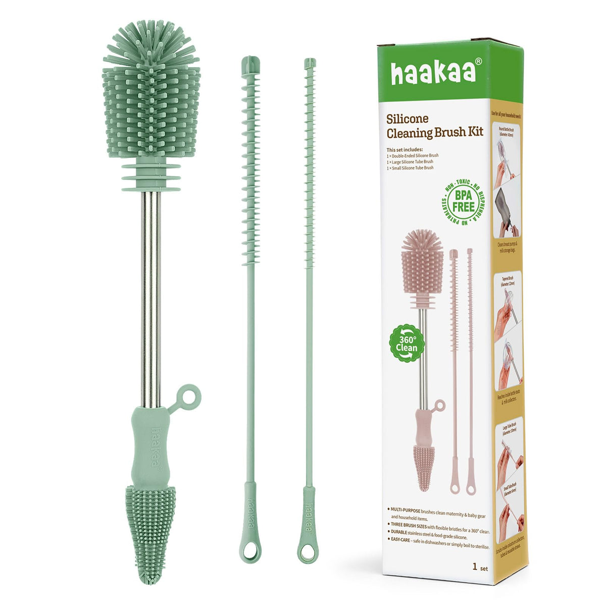 haakaa Silicone Cleaning Brush Kit - SUVA Grey - Bottle Brush for Breast Pumps, Breast Milk Collector, Baby Bottles, Nipples, Breastmilk Storage Bags