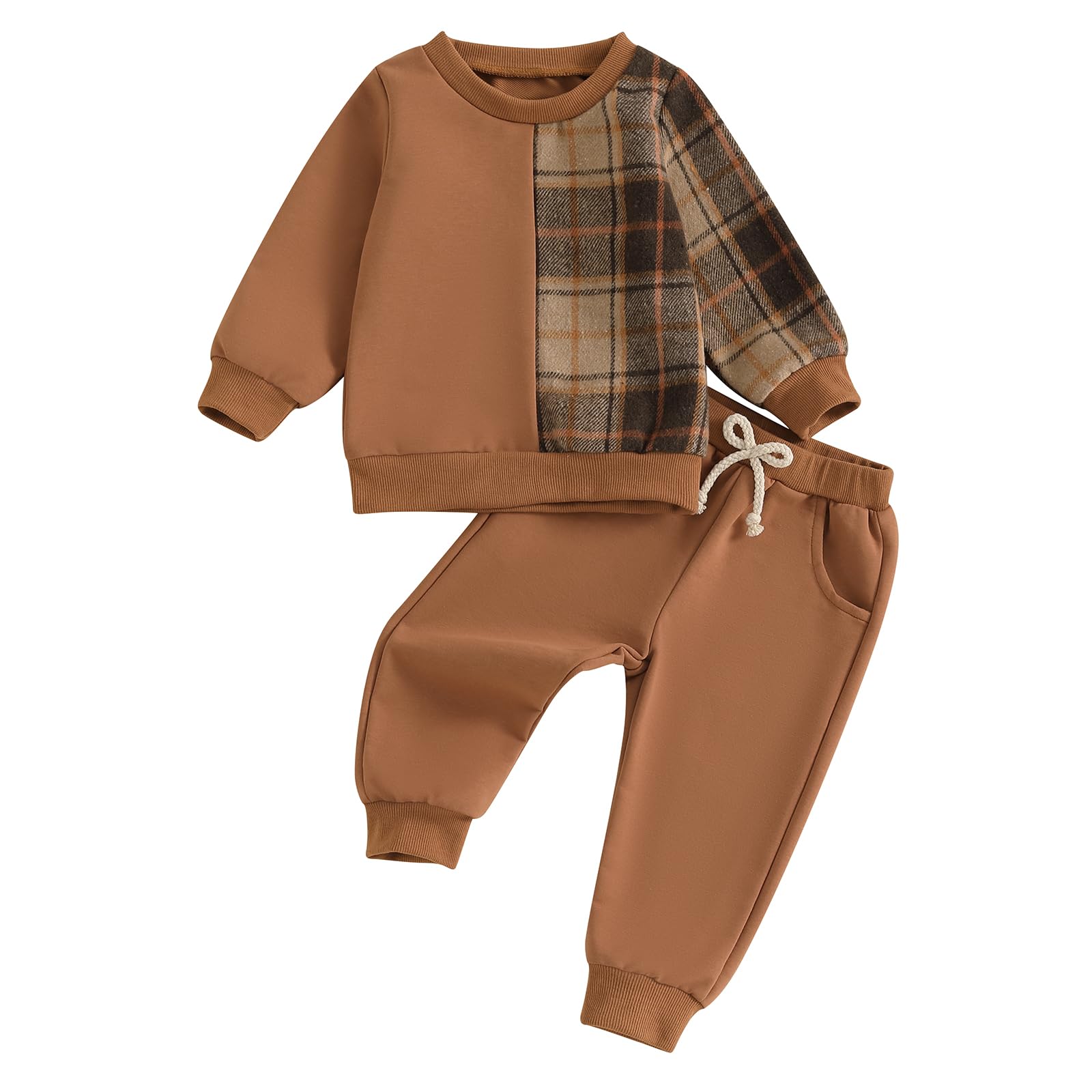 Lucikamy Toddler Baby Boy Fall Outfits Long Sleeve Crew Neck Pullover Sweatshirt + Jogger Pants Set Infant Winter Clothes (Khaki-P, 18-24 Months)