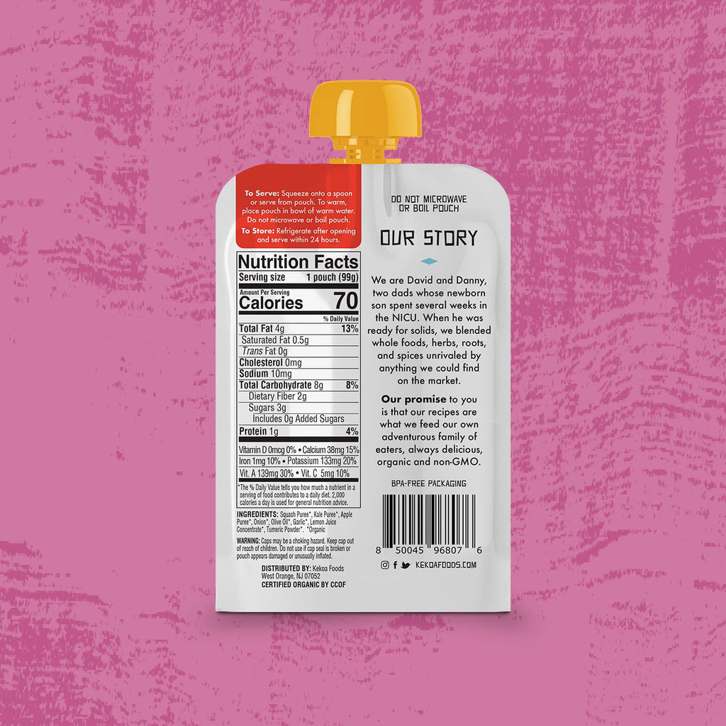 Kekoa Foods 100% USDA Certified-Organic Vegetarian Baby Food Puree Starter Packs: Gluten-Free, Vegan 3.5 oz Squeeze Pouches (12 Pack) | Apple Ginger, Squash & Kale w/Turmeric | High Fiber & Vitamins