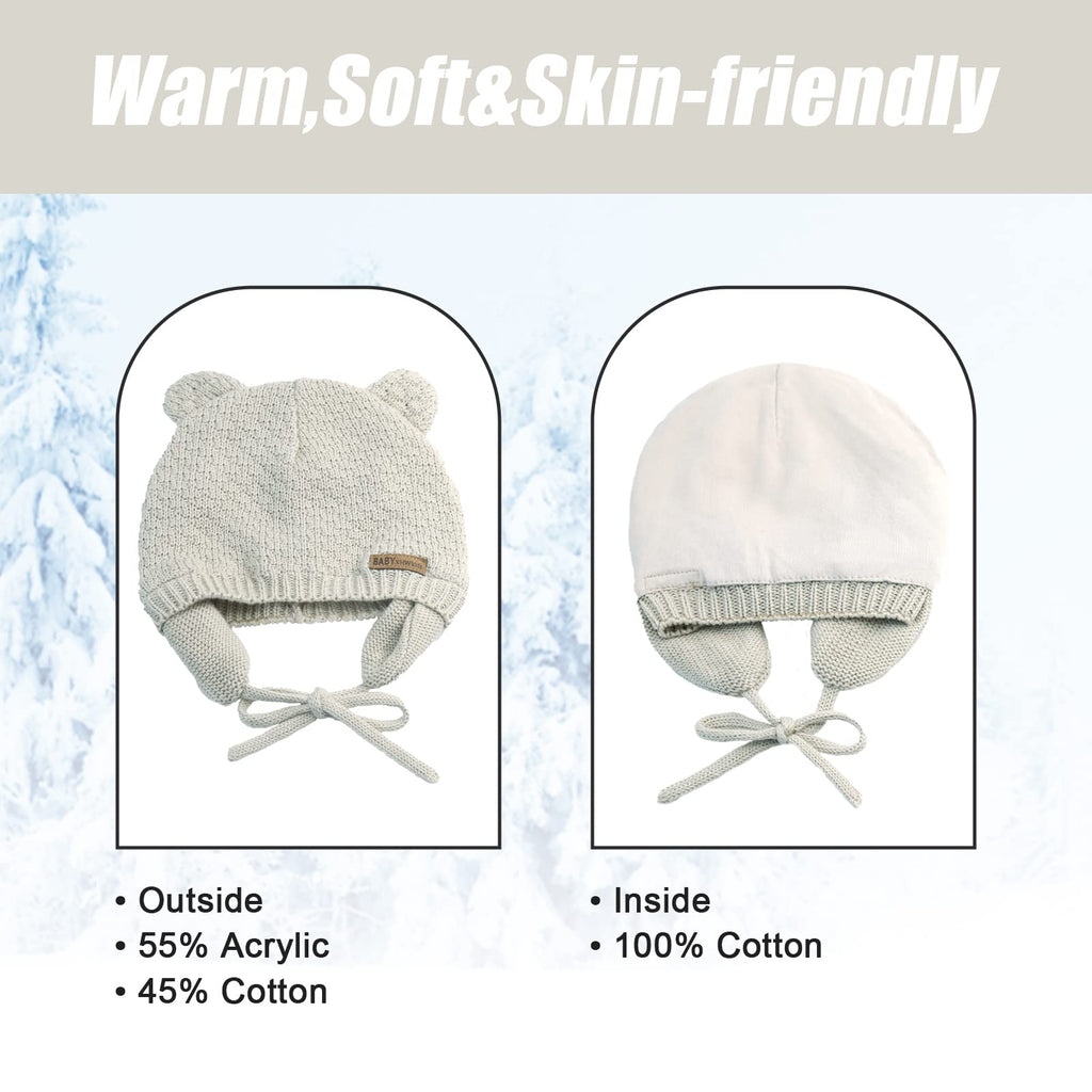 BAVST Baby Beanie Hat for Winter with Earfalp Cute Bear Kids Toddler Girls Boys Warm Knit Cap 0-2Years