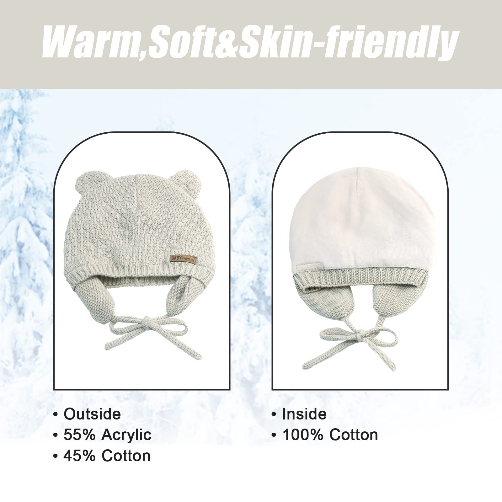 BAVST Baby Beanie Hat for Winter with Earfalp Cute Bear Kids Toddler Girls Boys Warm Knit Cap 0-2Years