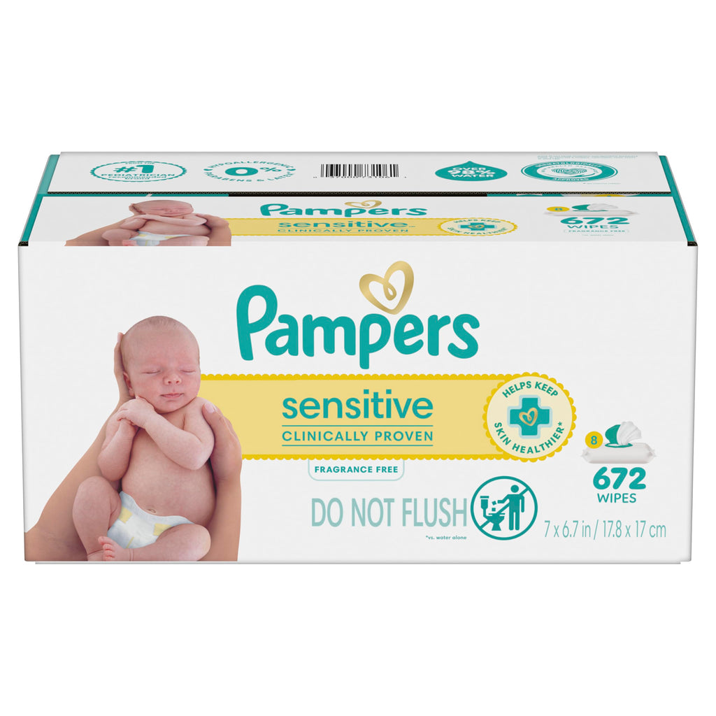Pampers Sensitive Baby Wipes, Clinically Proven, Fragrance Free, Unscented, Water Based, Hypoallergenic Baby Wipes, Multi-Use Wipe, Hand Wipe 672 Total (12X Flip-Top Packs)