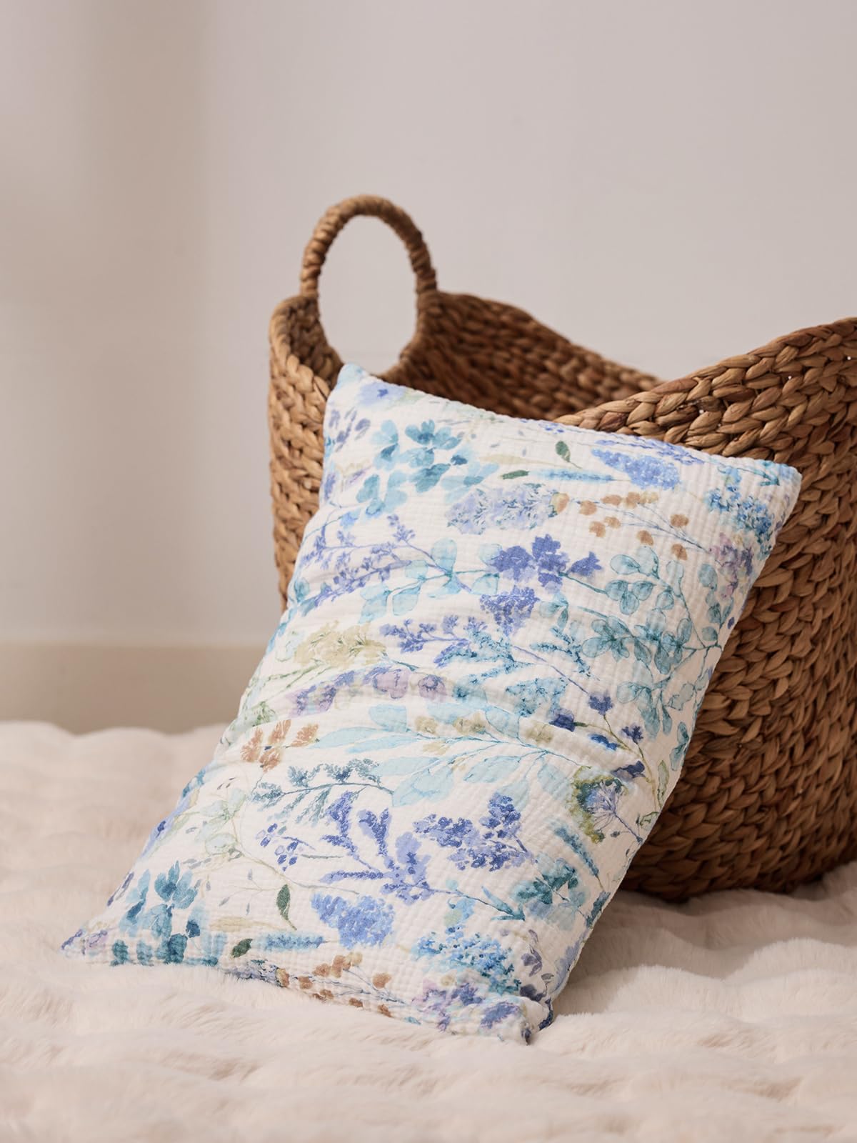 TILLYOU Muslin Toddler Pillowcase 2 Pack, 13x18 Soft Travel Cotton Pillow Case Kids for Boys and Girls, Blue Flower