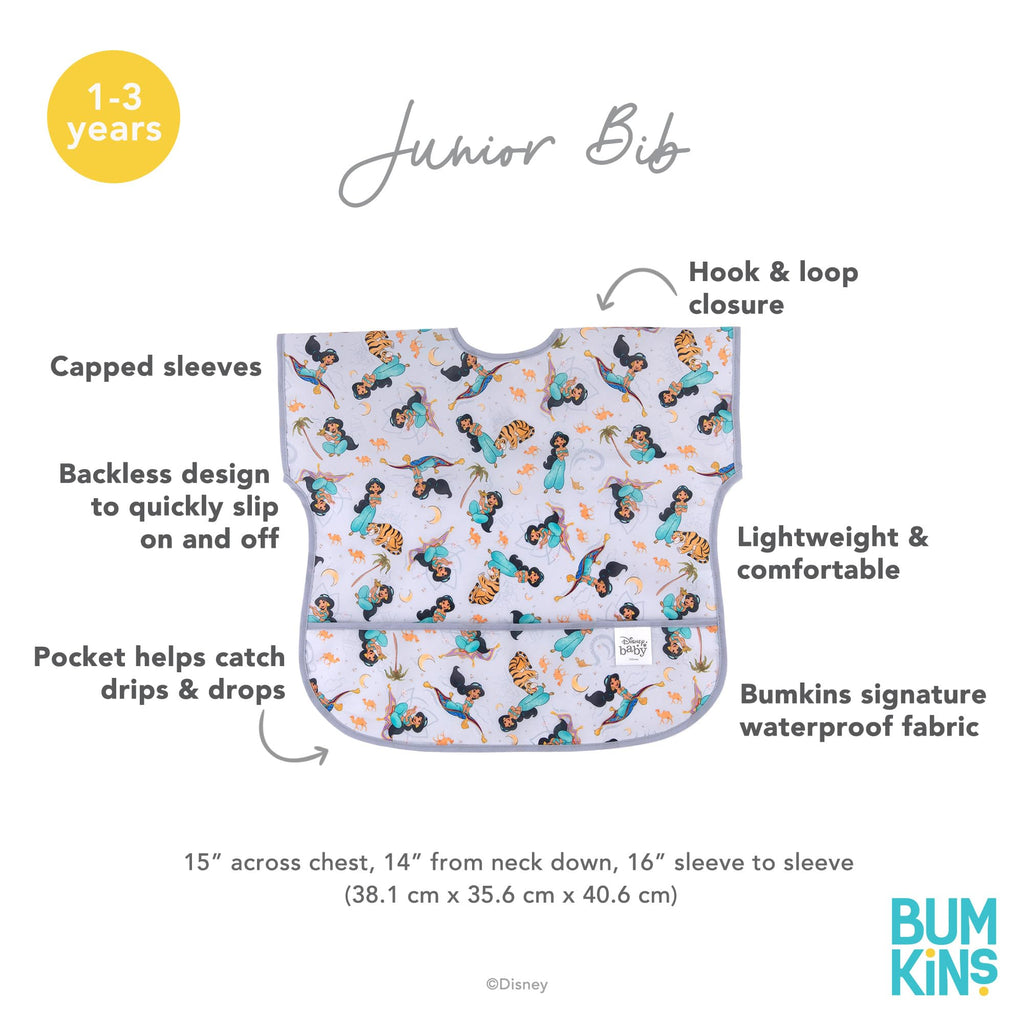 Bumkins Disney Short Sleeve Bib for Girl or Boy, Toddler and Kids for 1-3 Years, Large Size, Essential Must Have for Junior Children, Eating, Mess Saving Soft Fabric Apron for Play, Jasmine