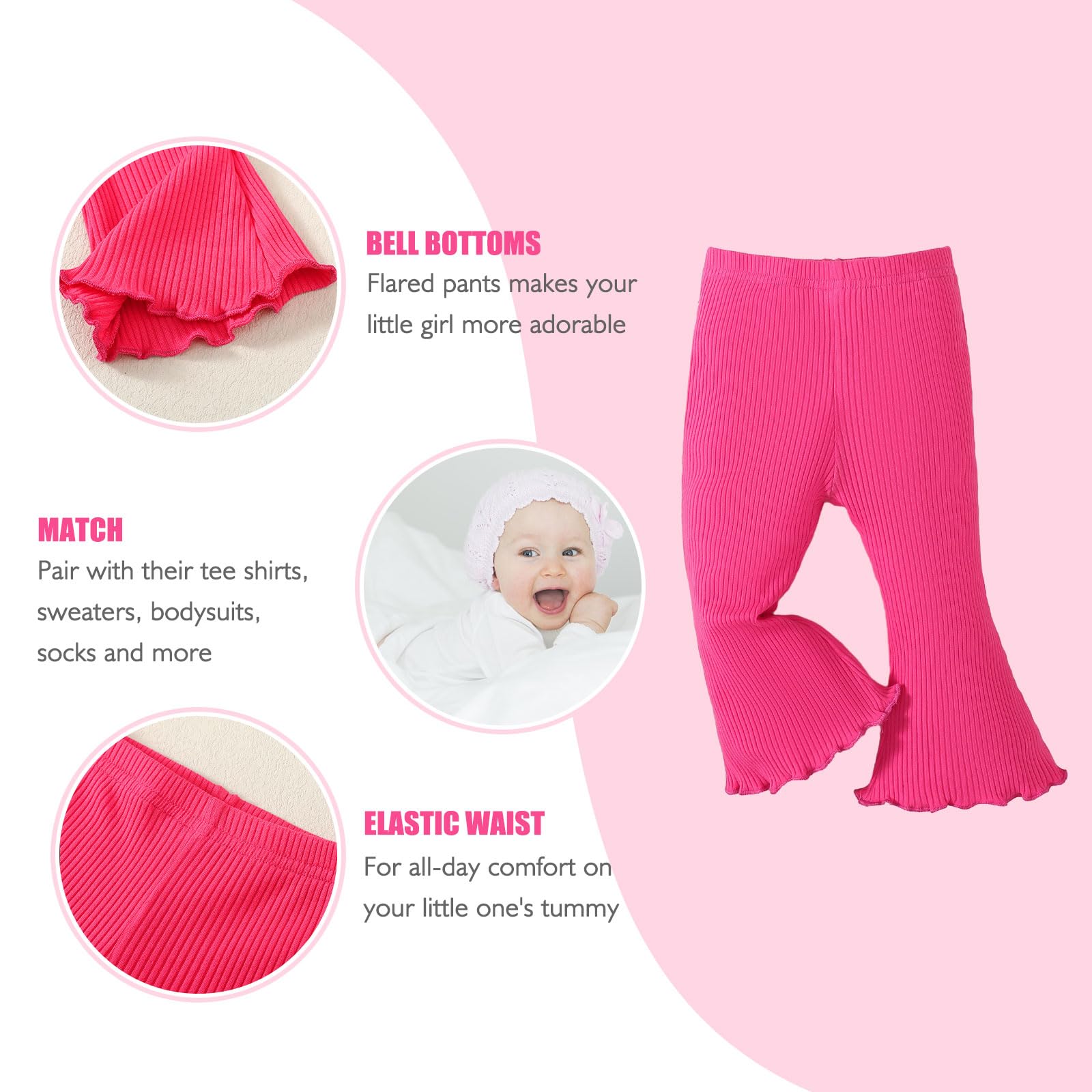 SOBOWO Toddler Girl Flare Pants 3 Pack Solid Ribbed Ruffle Bell Bottoms Pants Fall Outfits (Coffee/Rose/Gray, 18-24 Months)