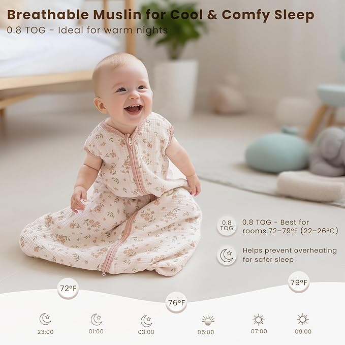 Konssy Muslin Baby Sleep Sack 6-12 Months 0.8 TOG, 2 Pack 100% Cotton Wearable Blanket for Babies, 2-Way Zipper Breathable Sleeping Sack Infant Toddler Essentials for Girls and Boys (Blossom, Pink)