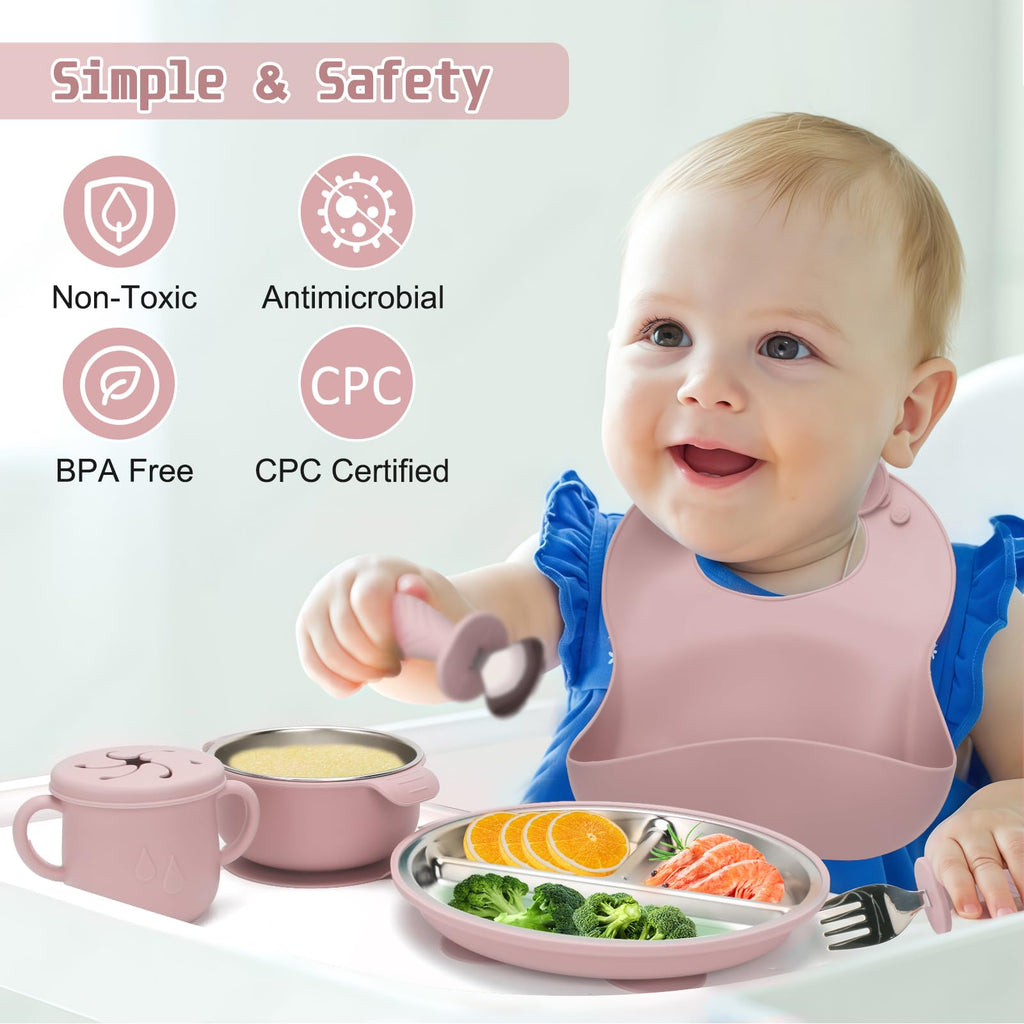 MISSLILI Stainless Steel Kids Plates and Bowls Set with Suction - (Pink)