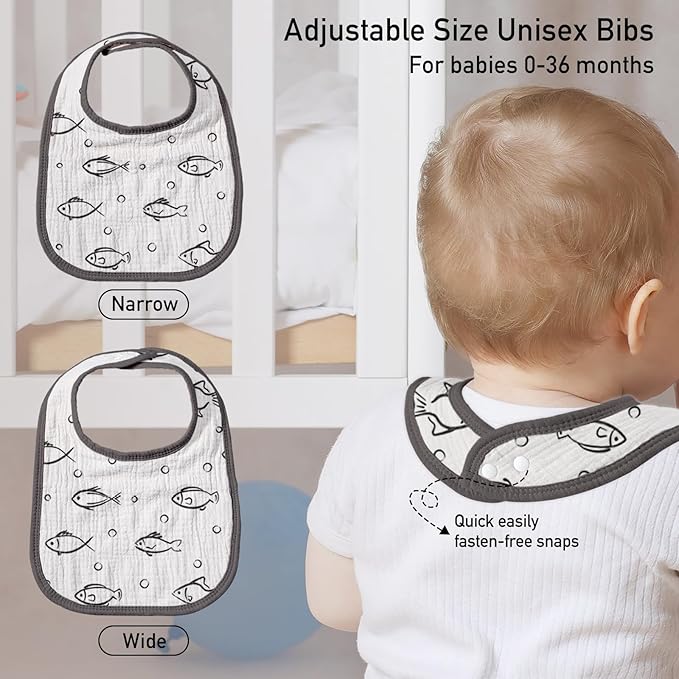 GLLQUEN BABY Muslin Drool Bibs for Boys Girls 8 Pack, Adjustable Baby Bibs for Drooling and Teething, Soft Cotton Baby Bandana Bib for Newborn Feeding Essentials (Fish)