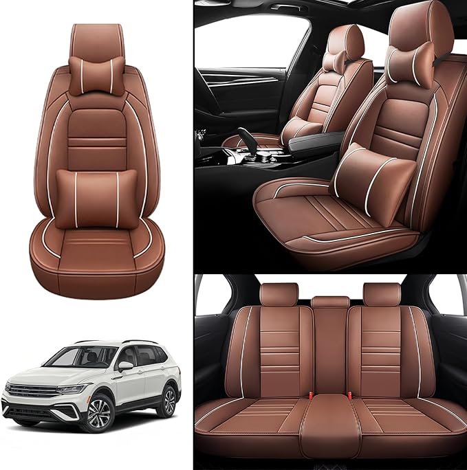 Car Seat Covers for VW Car tiguan 2009-2025 | 5-Seats Seat Covers, Waterproof Seat Protectors, Automotive Seat Covers (Full Set with Pillow,Coffee)