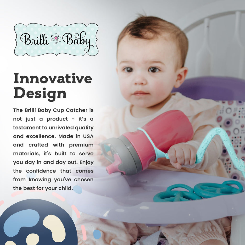 Brilli Baby Cup Catcher Patented Safety Tether Strap, Attach Sippy Cups, Bottles, Pacifiers & More to Stroller, High Chair, Car Seat, Made in USA, Food Grade, Dishwasher Safe, Aqua/Navy