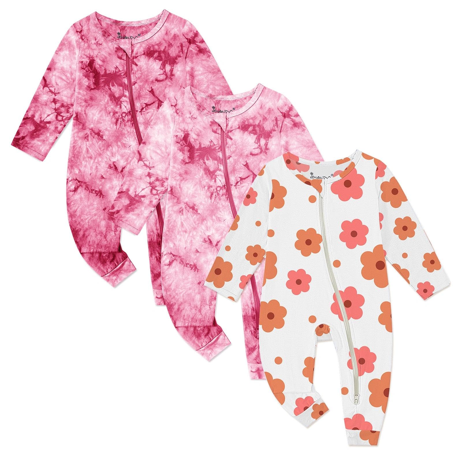 Jimonda Baby Girl Boys Bamboo Rayon Pajamas,Footless Pjs(Flow&Rose&Pink,18-24M)