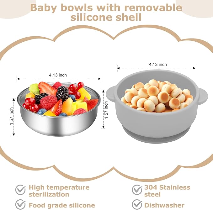 2 Pack Stainless Steel Baby Bowls with Removable Non-Slip Silicone Suction Shell and Lids, Anti Scald Food Container for Baby Food Feeding-Gray & Cream