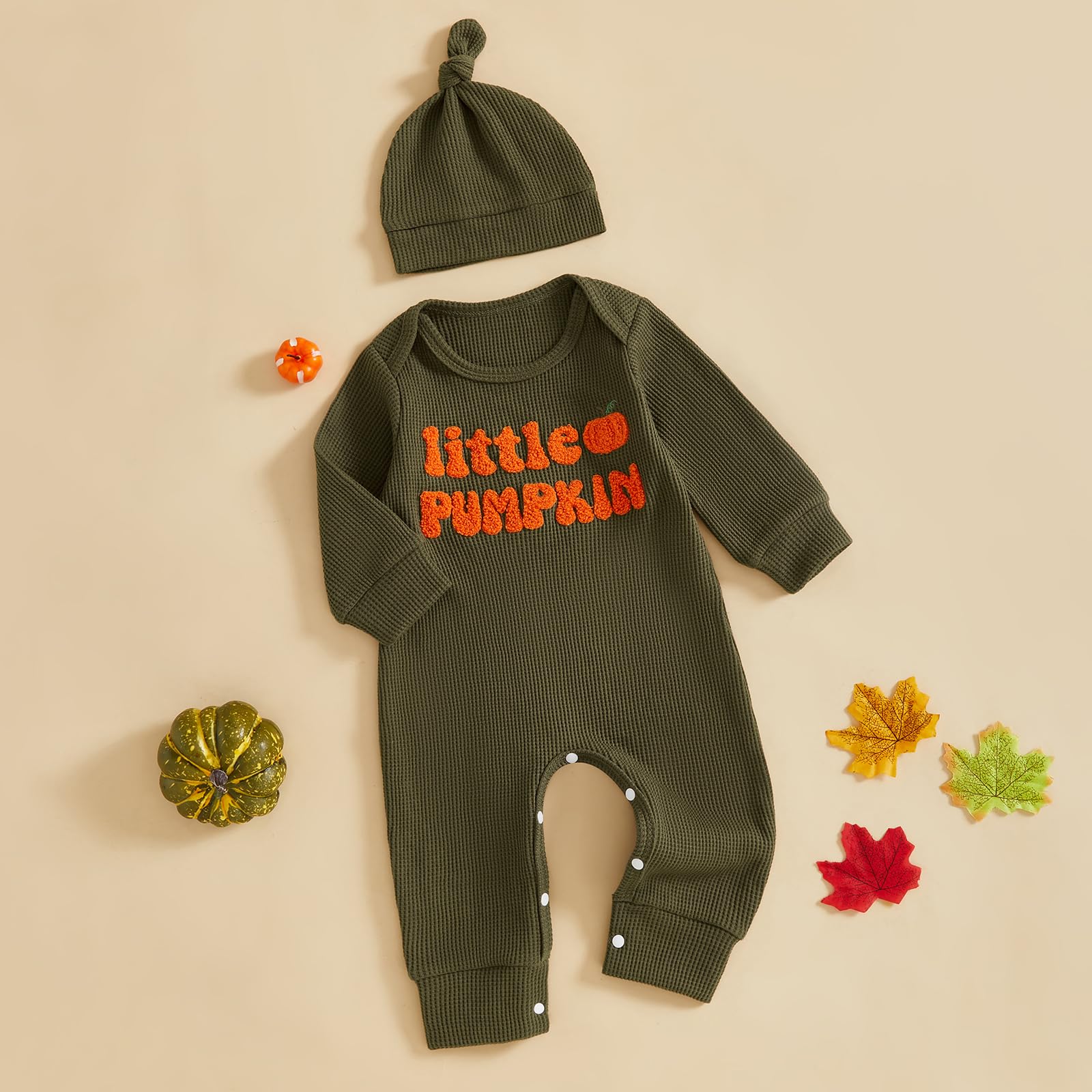 Doqcey Newborn Infant Baby Boy Halloween Outfit Little Pumpkin Embroidery Romper Waffle Knit Long Sleeve Jumpsuit with Hat (Green, 3-6 Months)