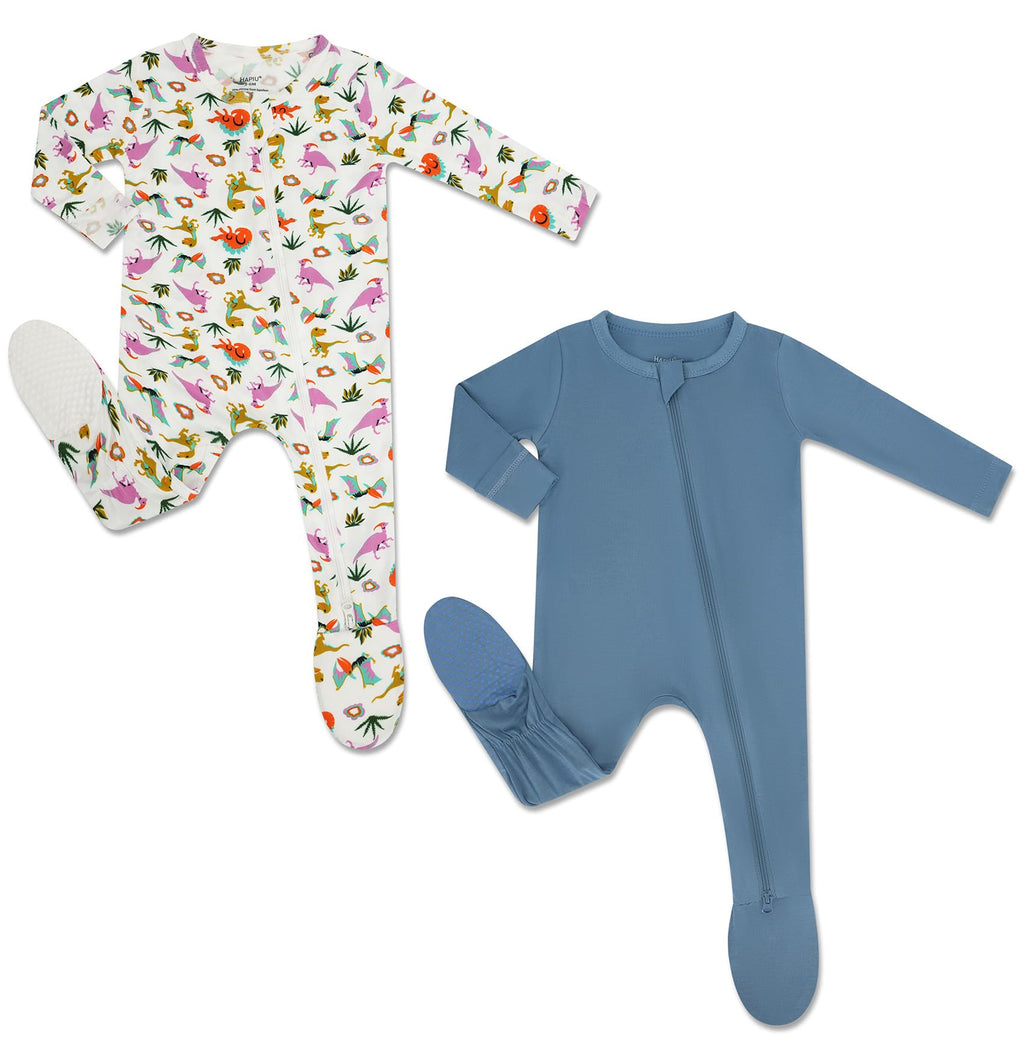 HAPIU Rayon from Bamboo Baby Footed Pajamas, 2 Way Premium Zipper, Footie for Baby Boy Girls, Newborn-24 Months, 2-Pack, Dinosaur Girl & Moonlight Blue, 0-3 Months