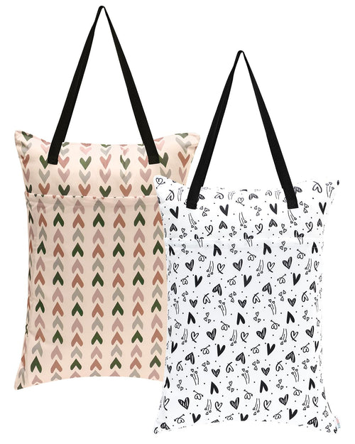 ALVABABY 2 Pack Large Wet Dry Bag Waterproof Hanging Cloth Diaper with Double Zippered Pockets 25x18 inches (Feather & Stripe)