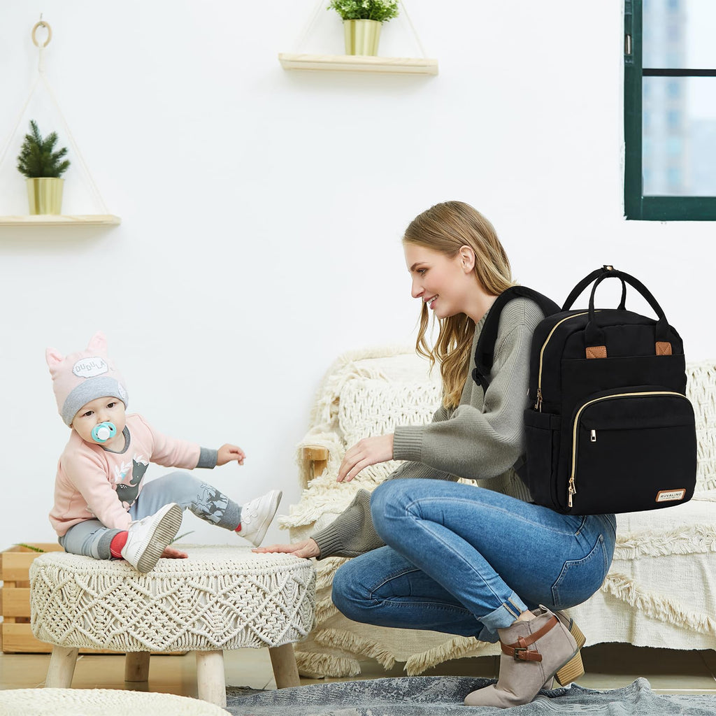 RUVALINO Diaper Bag Backpack, Multifunction Travel Pack Maternity Baby Changing Bags, Large Capacity, Waterproof, Deep Black, Polyester