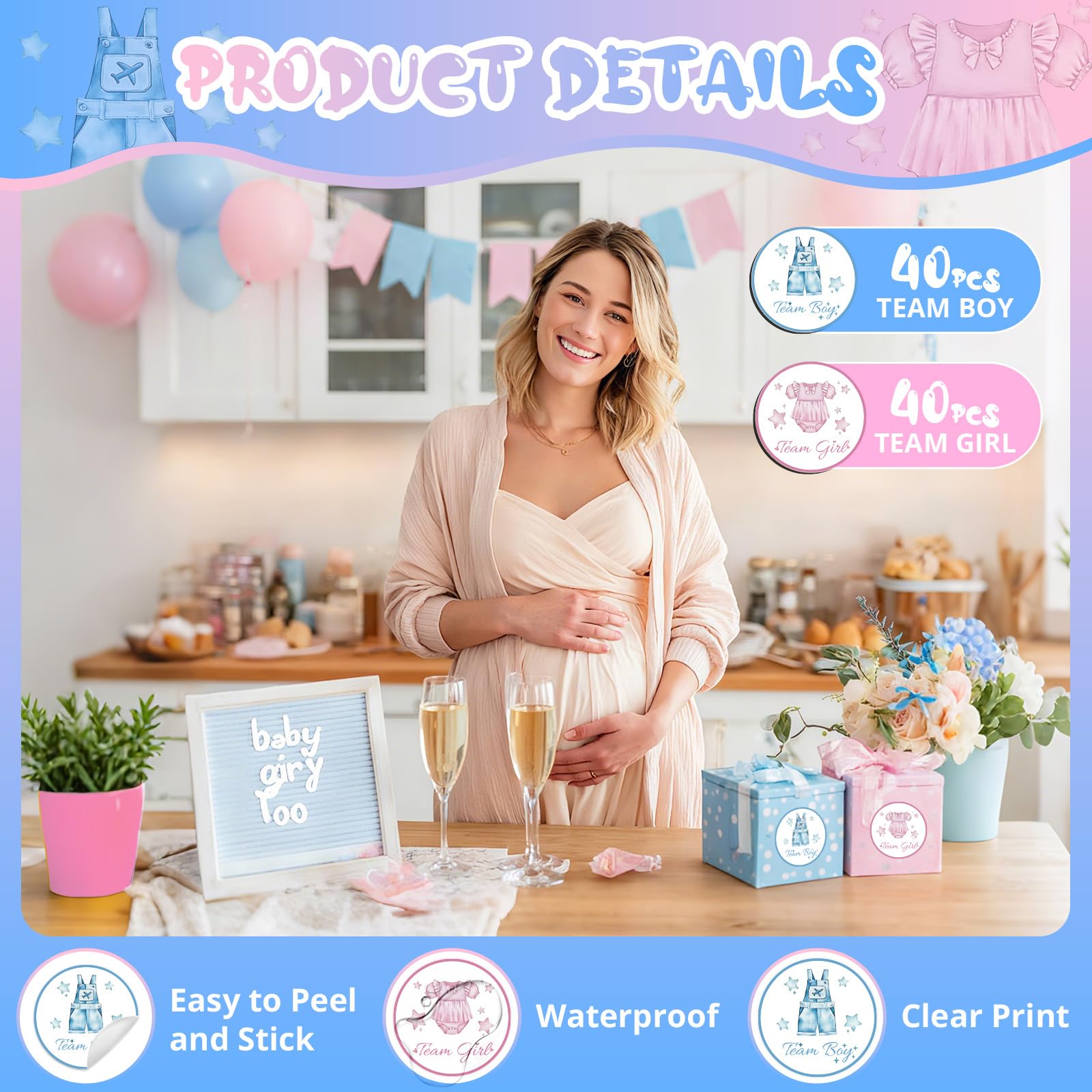 80Pcs Cute Baby Clothes Decal Stickers Roll, 2 inch Team Boy Team Girl Gender Reveal Labels, Pink and Blue Self-Adhesive Decorative Round Stickers for Brithday Baby Shower Party Supplies