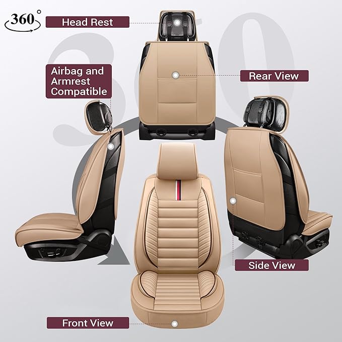 OASIS AUTO Car Seat Covers Premium Waterproof Faux Leather Cushion Universal Accessories Fit SUV Truck Sedan Automotive Vehicle Auto Interior Protector Full Set (OS-001 Tan)
