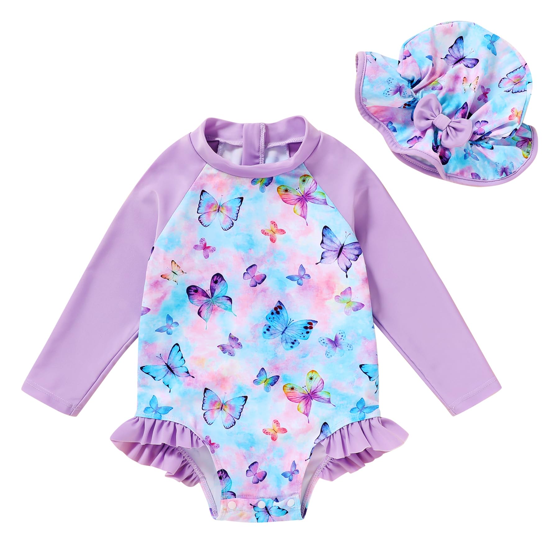 Infant Baby Girl Swimsuit One-Piece Long Sleeve Rash Guard with Hat Set Floral Zipper Bathing Suit Leopard Beach Wear(Purple Butterfly, 18-24M)