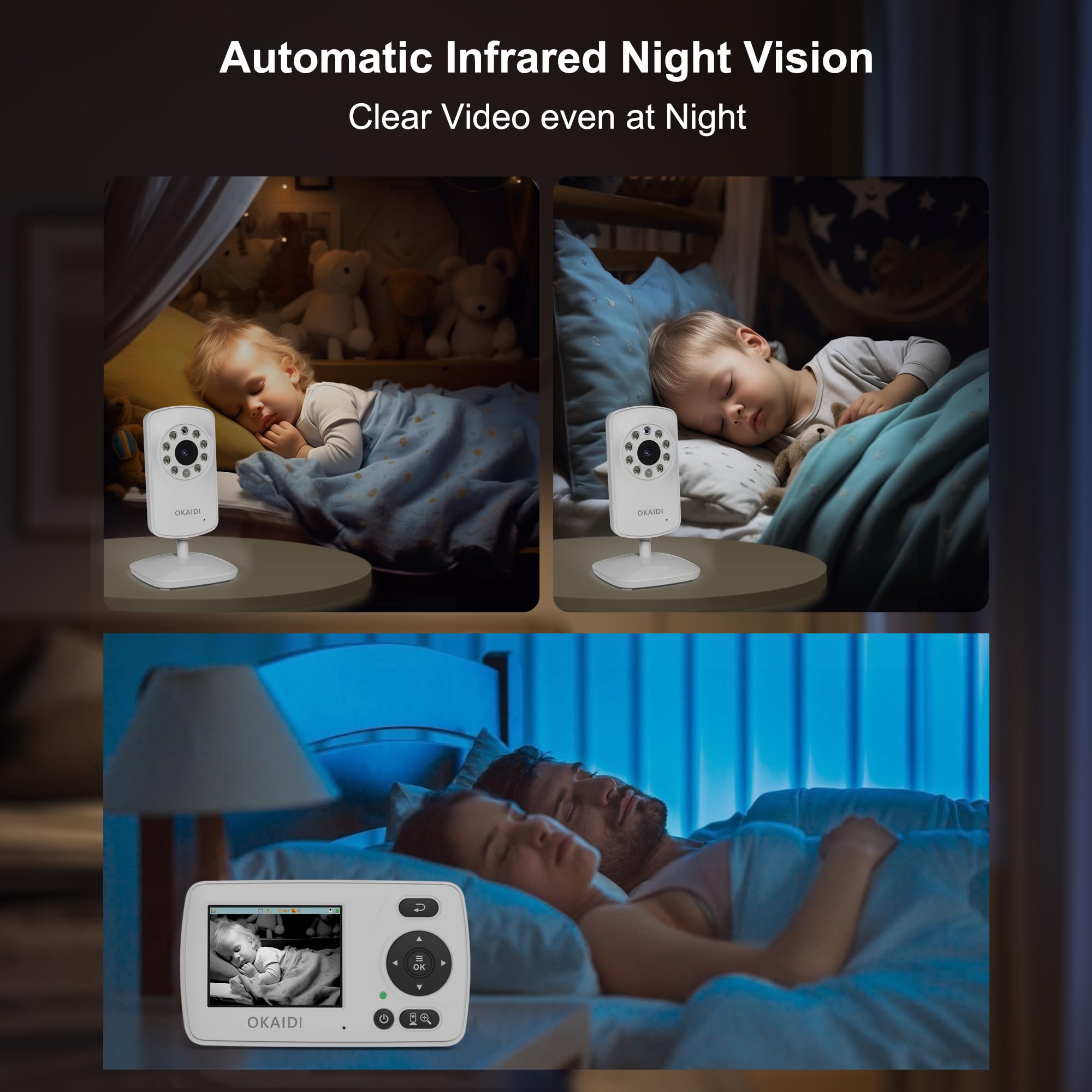 OKAIDI 2.4'' Portable Baby Monitor with 2 Cameras, Baby Monitor No WiFi