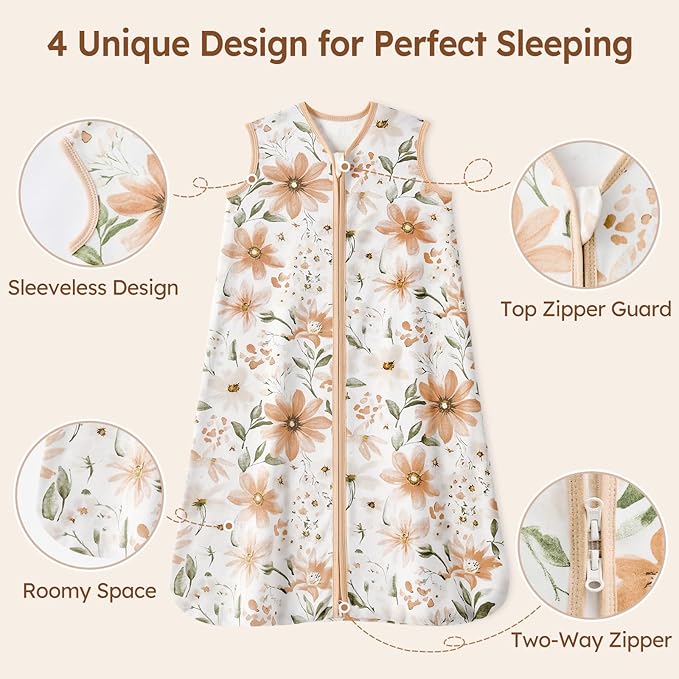 Baby Sleep Sack 18-24 Months 100% Cotton Lightweight 0.5 TOG Wearable Blanket Baby Sleep Bag with 2-Way Zipper for Infant Toddler Orange Flowers