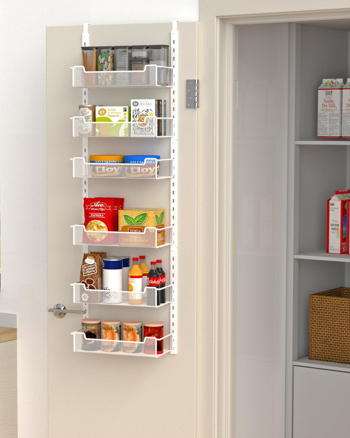 VyGrow 12.3" W Narrow Over the Door Pantry Organizer, 8-Tier Over the Door Organizer with Adjustable Basket, Pantry Door Organization for Pantry Kitchen Storage Room Spice Rack, White
