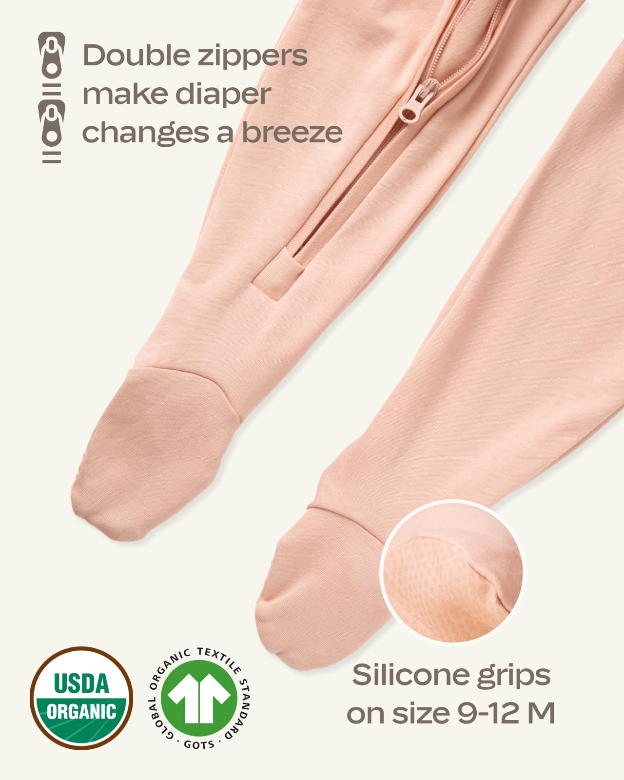 MON CHOU 100% Organic Pima Cotton Baby Footed Pajamas – Snug Fit Long Sleeve Footie with 2-Way Zipper & Non-Slip Soles, Unisex (Sizes 0–12M) (Bloom, 3-6 Months)