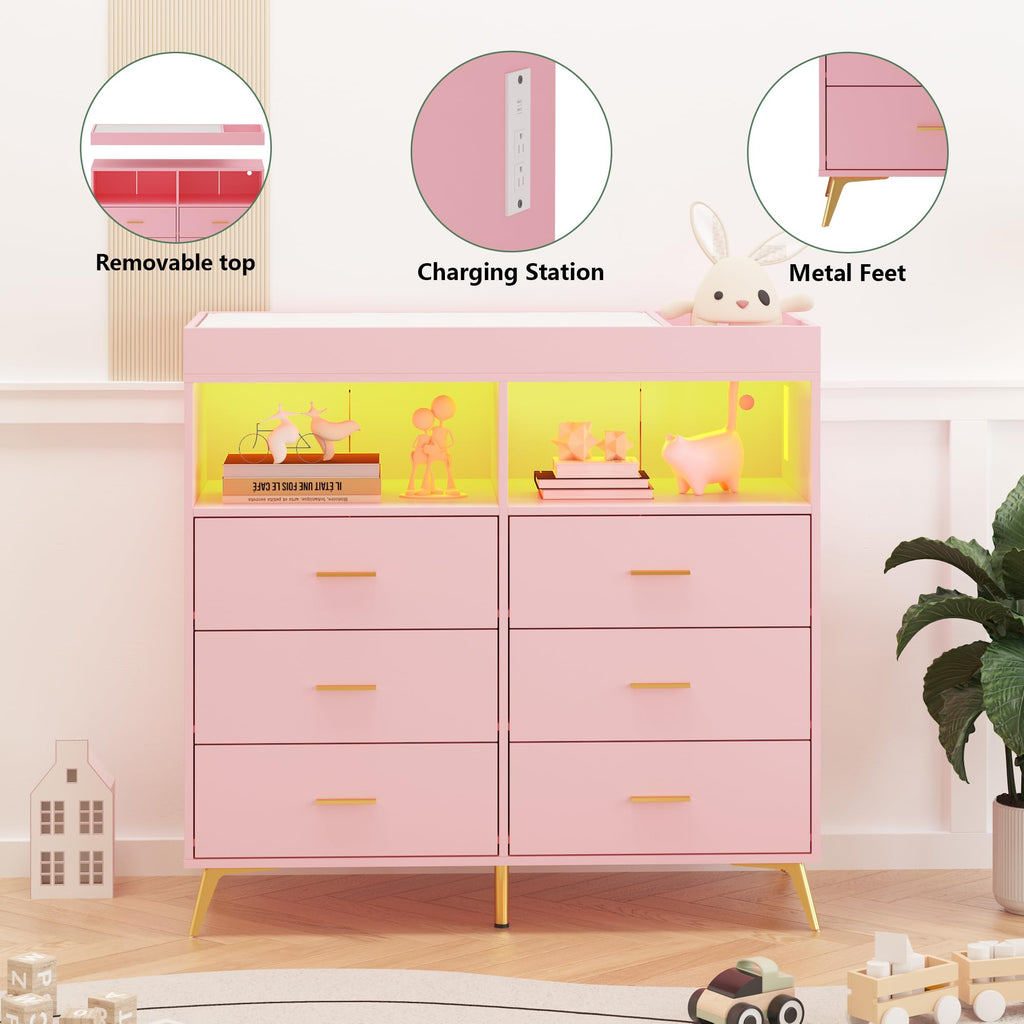 GarveeHome Dresser for Bedroom with 6 Drawers, Baby Changing Table Dresser with Changing Pad, LED Lights & Charging Station, Baby Changing Station with Changing Table Top (Pink)