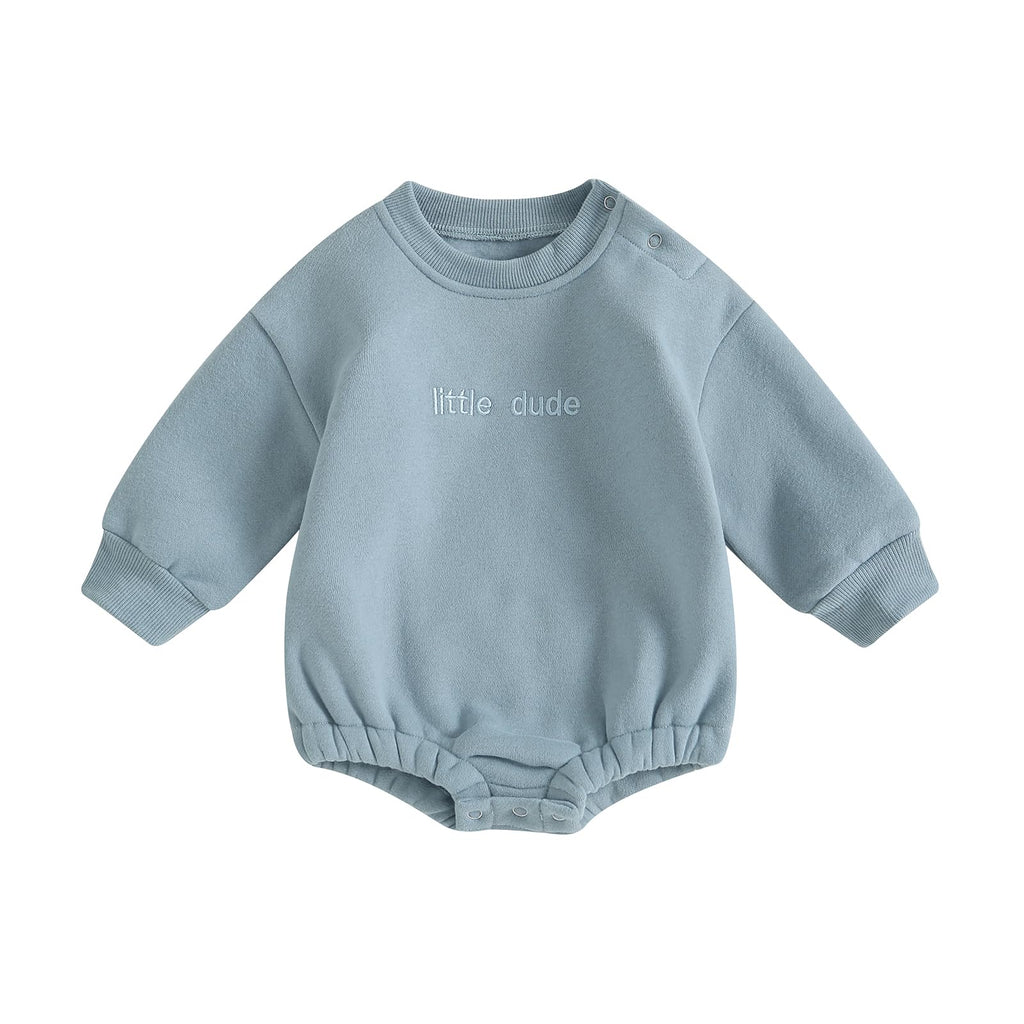 VISGOGO Baby Boy Oversized Sweatshirt Romper Solid Long Sleeve Bubble Little Dude Romper Sweater Bodysuits Fall Clothes (Blue, 12-18 Months)