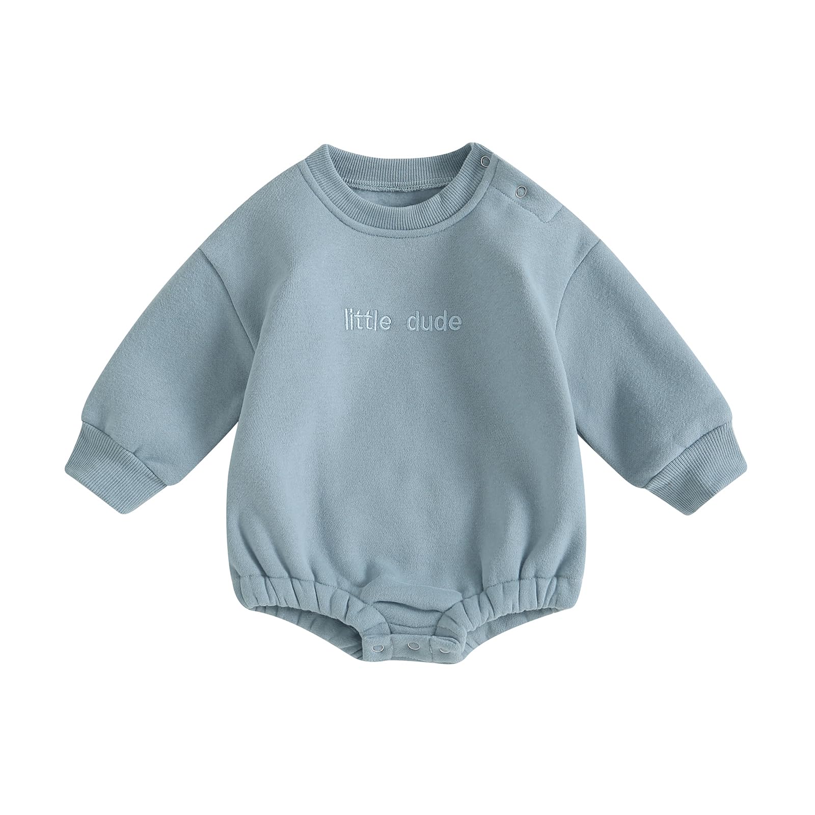 VISGOGO Baby Boy Oversized Sweatshirt Romper Solid Long Sleeve Bubble Little Dude Romper Sweater Bodysuits Fall Clothes (Blue, 12-18 Months)