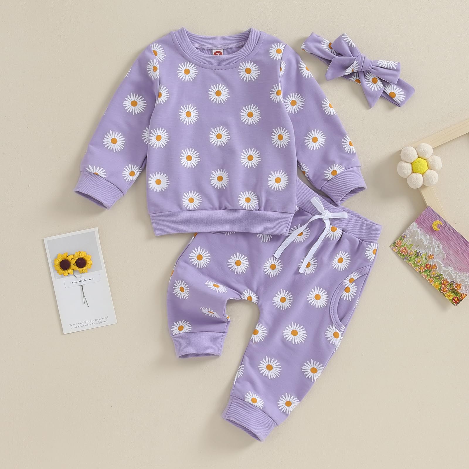 CIYCUIT 3Pcs Baby Girl Fall Outfits Daisy Sweatshirt + Pants + Headband Infant Fall Winter Clothes Purple 6-12 Months