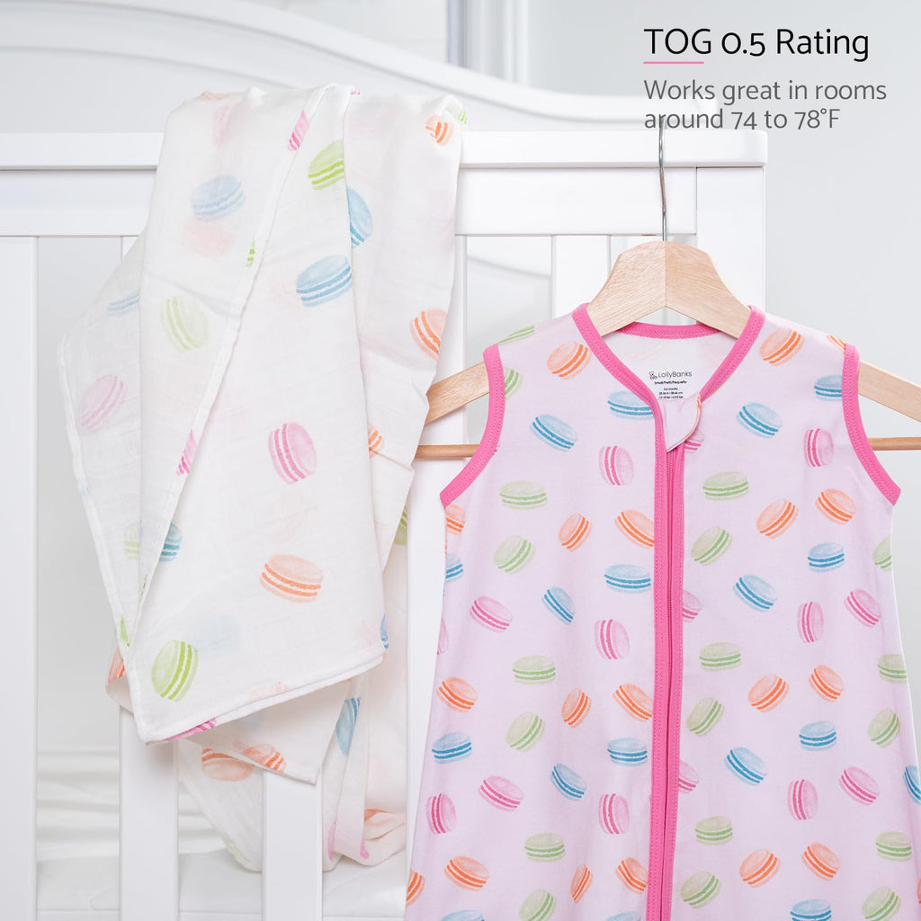 LollyBanks Baby Sleep Sack for Girls, 100% Cotton Comfortable Sleep Sack 0-6 Months with 2-Way Zipper, Soft and Lightweight 0.5 TOG Baby Wearable Blanket, Baby Essentials (Macaron Print)