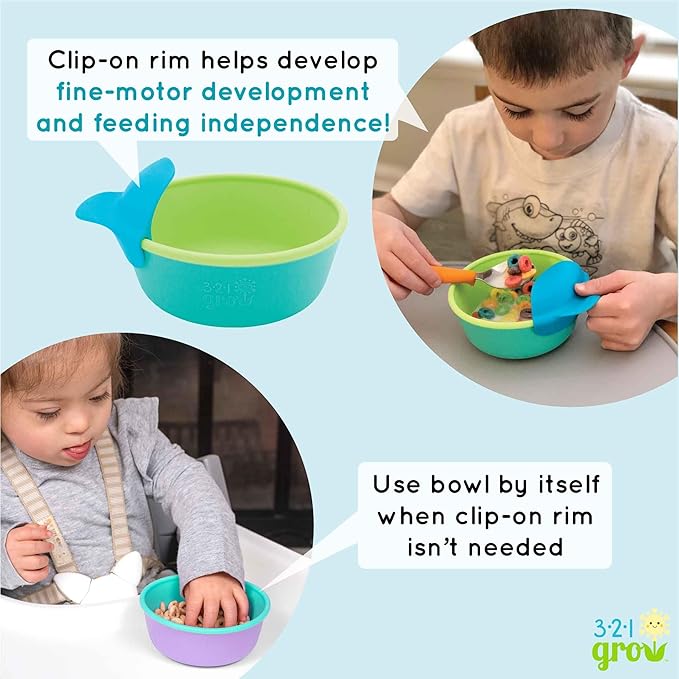 Silicone Easy Scoop & Hold Bowl Set – Adaptive Baby & Toddler Feeding Bowls with Clip-On Rim and Handle – Helps Build Independence & Coordination – 2 Pack – Dishwasher Safe (Ocean)