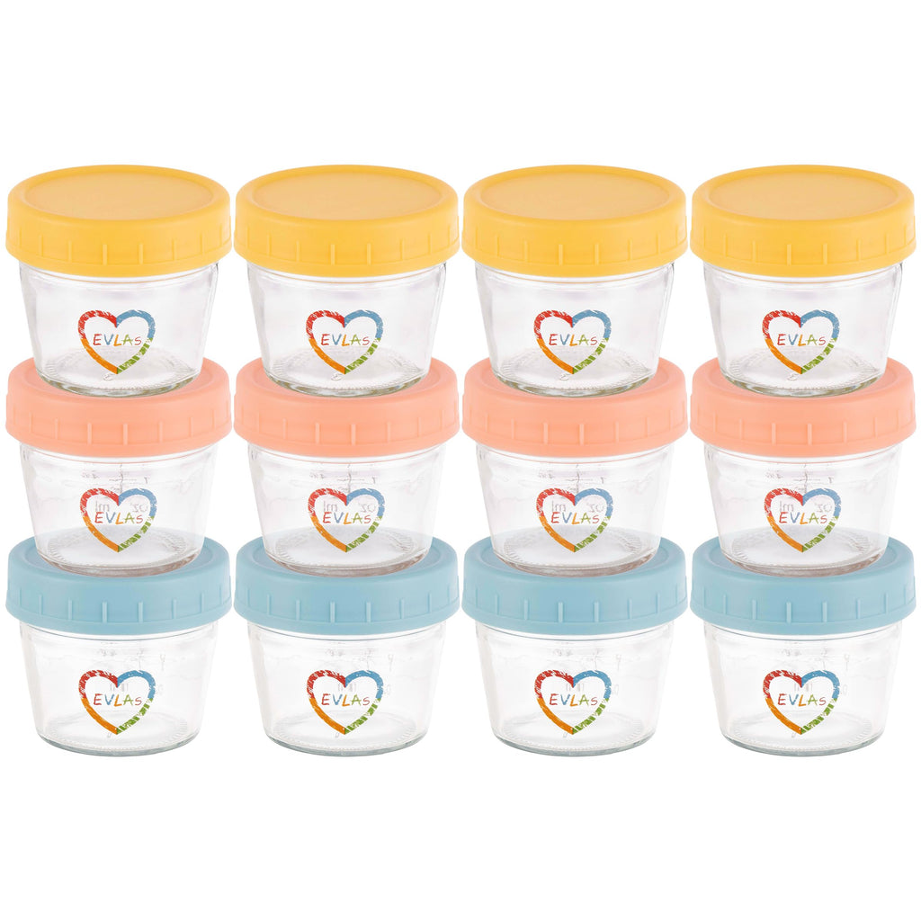 EVLA'S Baby Food Containers, 4oz Glass Jars with Lids, 12-Pack