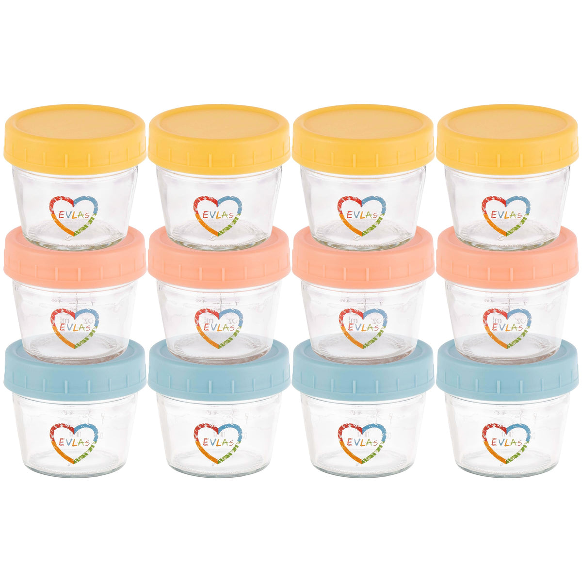 EVLA'S Baby Food Containers, 4oz Glass Jars with Lids, 12-Pack