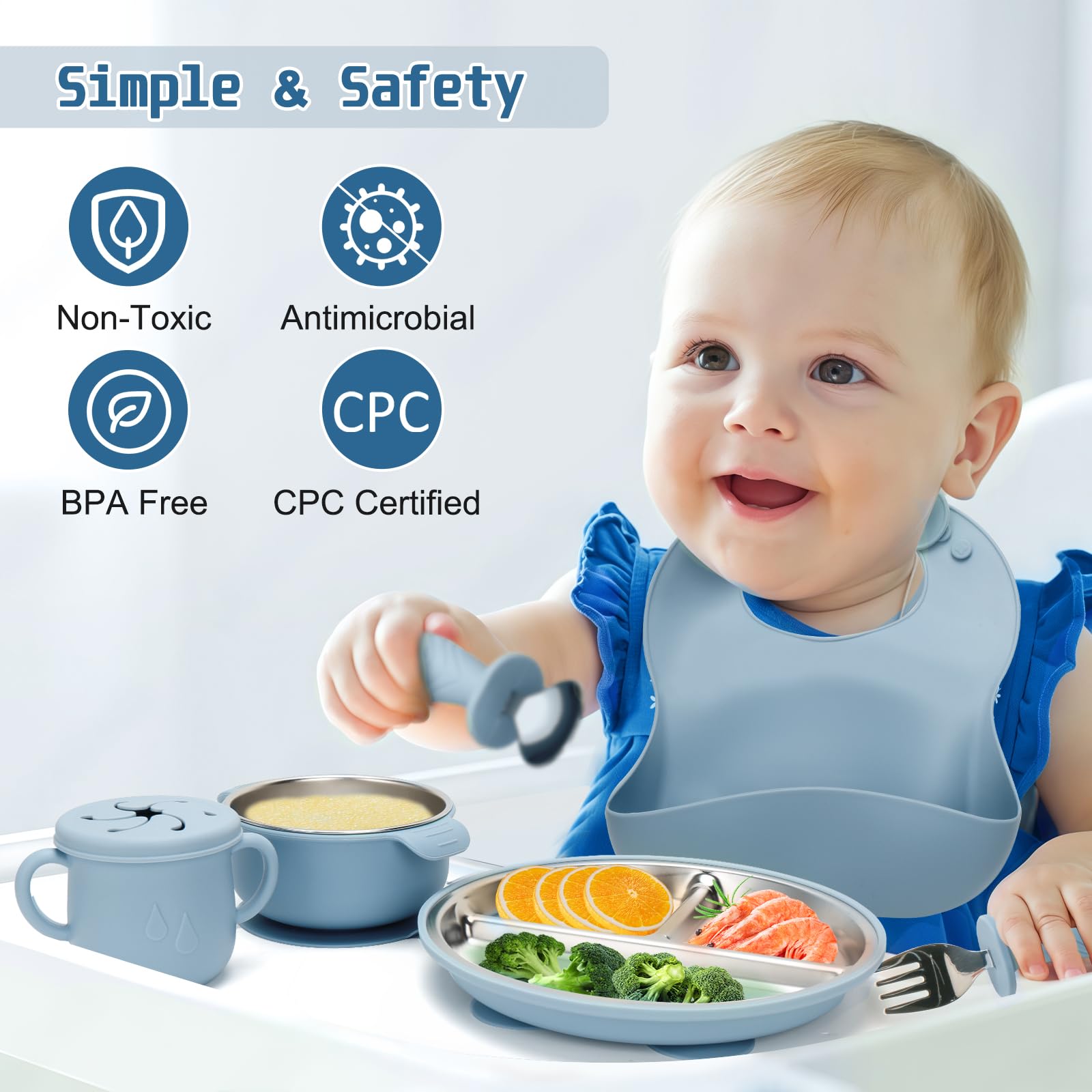 MISSLILI Stainless Steel Kids Plates and Bowls Set with Suction - (Blue)