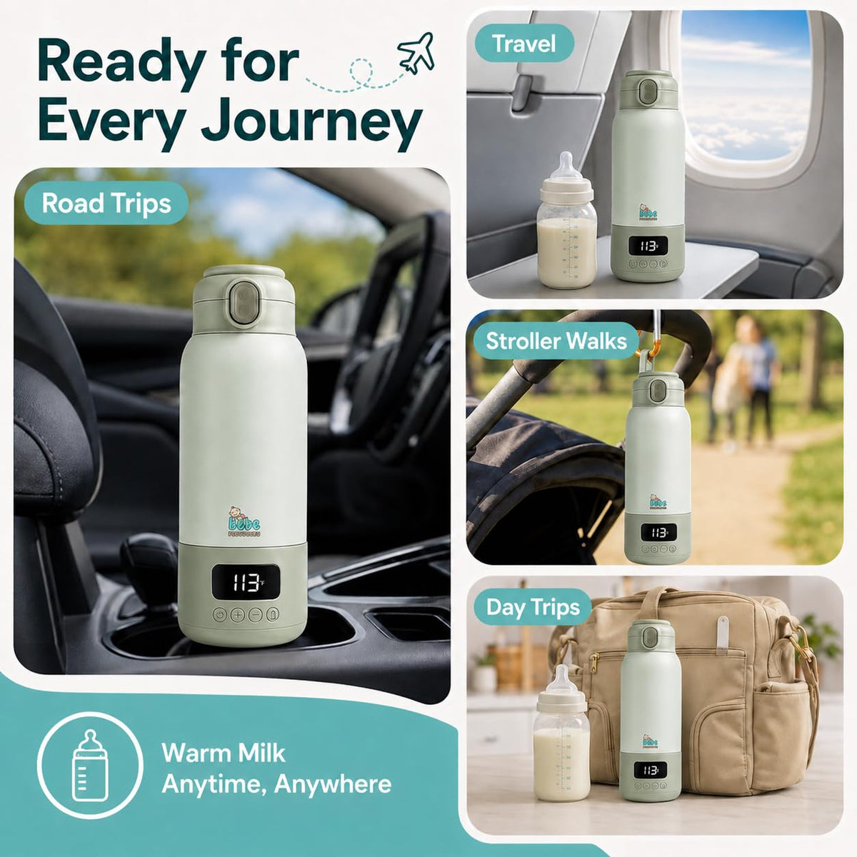 Portable Milk Warmer for Travel 17oz, 45W Fast Charge, Long Battery Life, 316 Stainless Steel, LED Display, Fast Heating, Precise Temp Control, Leak-Proof, Cordless Baby Milk Warmer for on the go