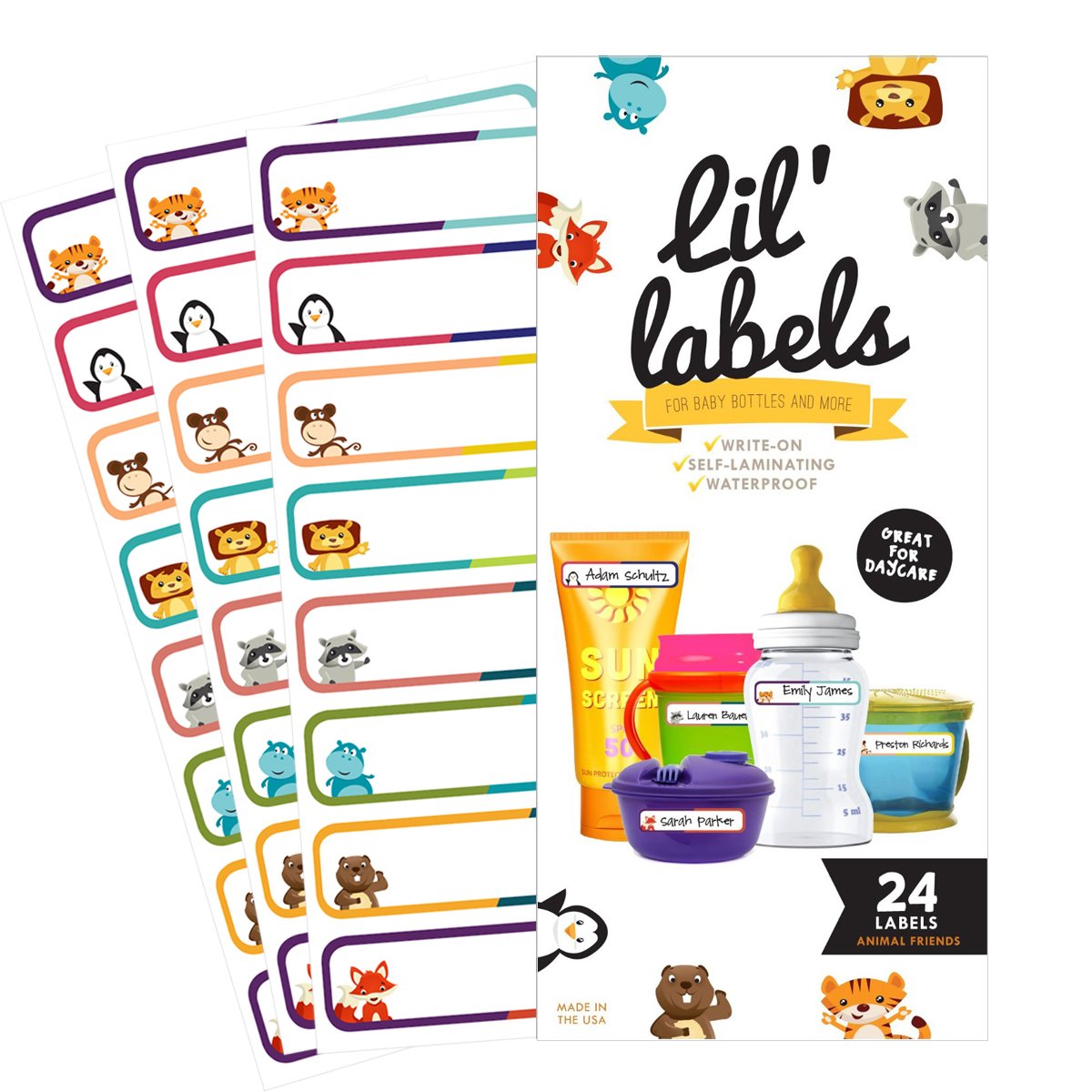 Bottle Labels, Write-On Name, Self-Laminating, Waterproof, Baby Bottle Label for Daycare, Made in The USA (Animal Friends Set of 2)