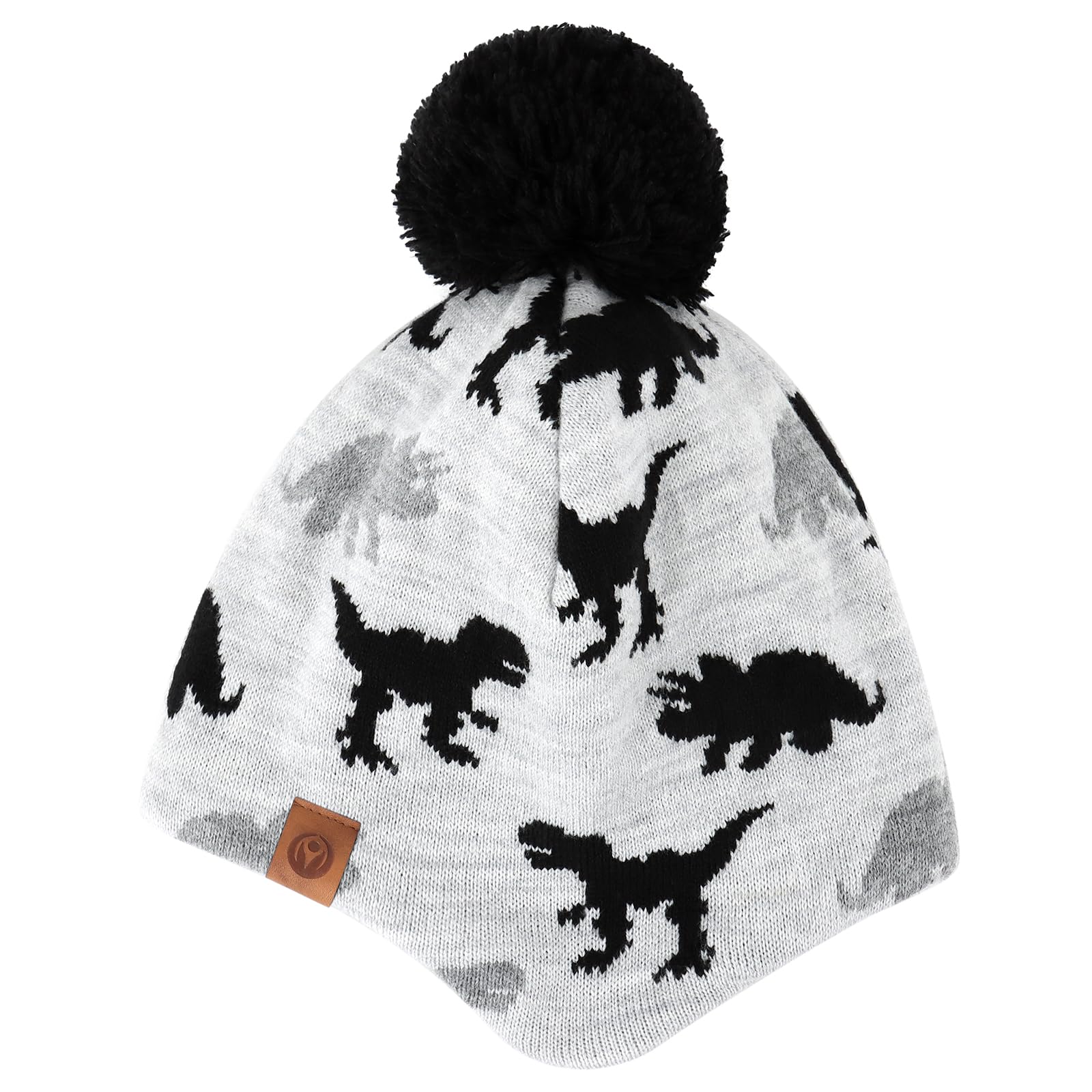 Duoyeree Kids Beanie Dinosaur Pom Pom Knit Winter Hat Fleece Lined for 1-7T