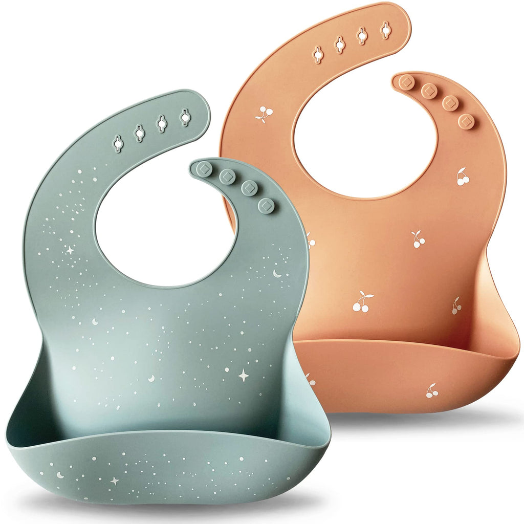 Moonkie Silicone Baby Bibs Set of 2, BPA Free Waterproof Baby Bibs for Eating, Soft Adjustable Silicone Bibs for Babies 6-12 Months, Toddler Bibs with Large Pocket Food Catcher (Dark Grey/Kodak)