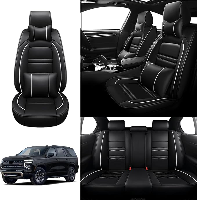 Car Seat Covers for Tahoe 1995-2025 | 5-Seats Seat Covers, Waterproof Seat Protectors, Automotive Seat Covers (Full Set with Pillow,Black&White Line)