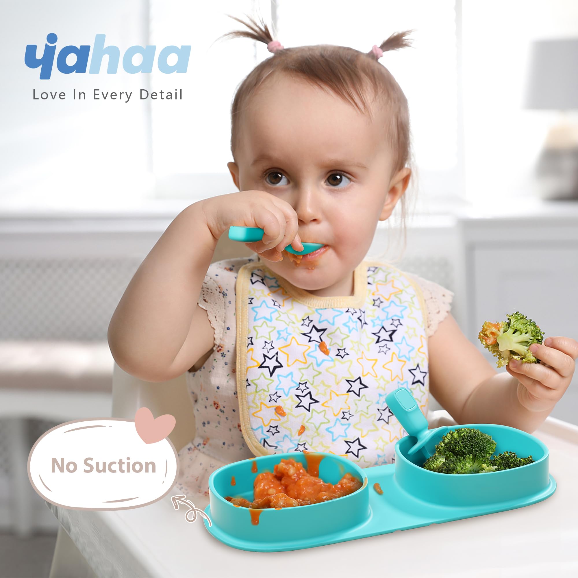 yahaa Silicone Baby Foldable Dinner Plates with Forks and Spoons, Aqua