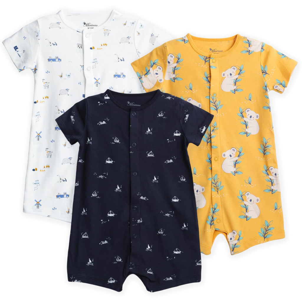 Minicoco 3-Pack 100% Cotton Baby Boy Rompers,0-24Months Short Sleeve Toddler Romper,Breathable Spring/Summer Clothes