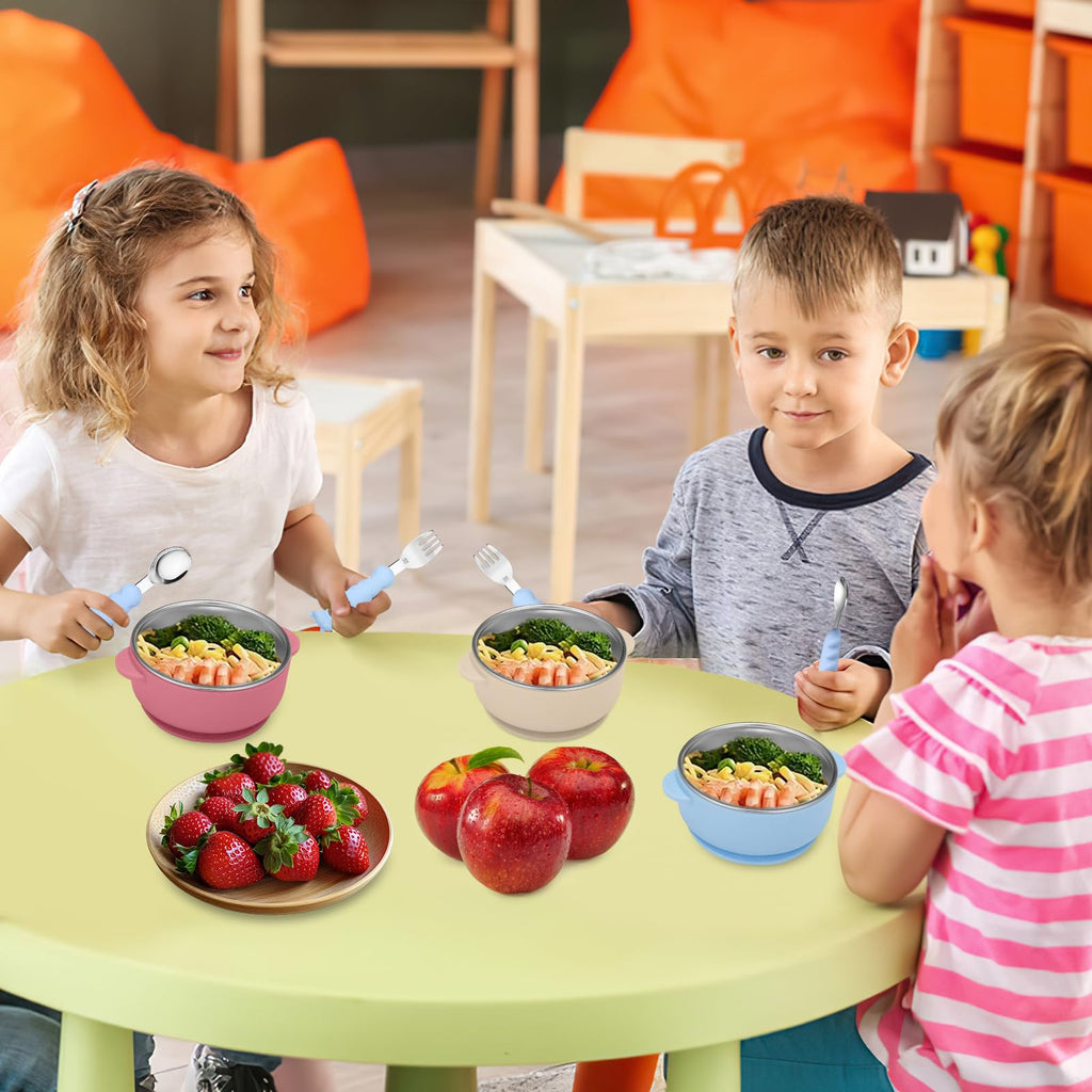 Wesketch 4 Pack Stainless Steel Baby Bowls with Removable Non-Slip Silicone Suction Shell, Anti Scald Food Container for Baby Food Feeding-Skyblue/Gray/Red/Cream