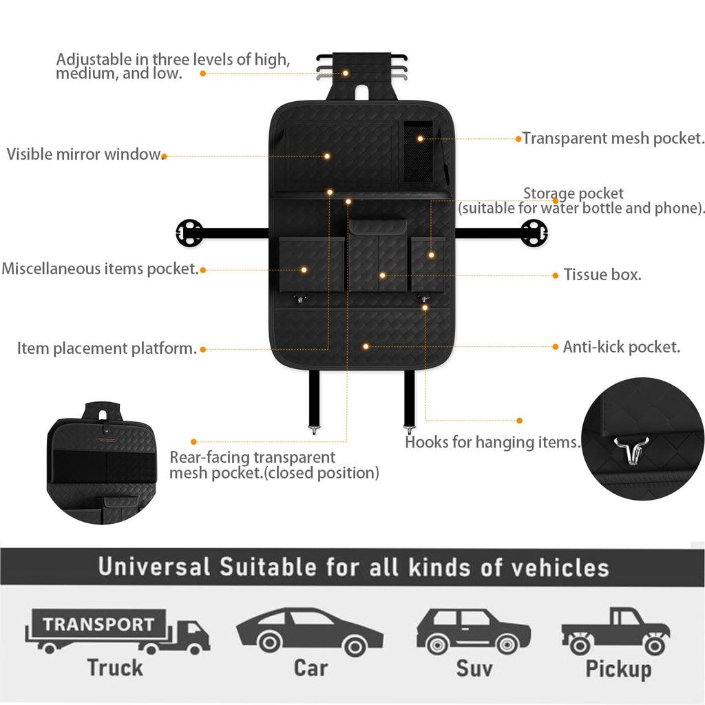 XDV Car Seat Organizers,Multi-functional Back Seat Protectors, Storage Pouches, and Tray Holders (for Cars, Kids, Seat Back and Rear Seats) (Woven Black, 1 Pcs)