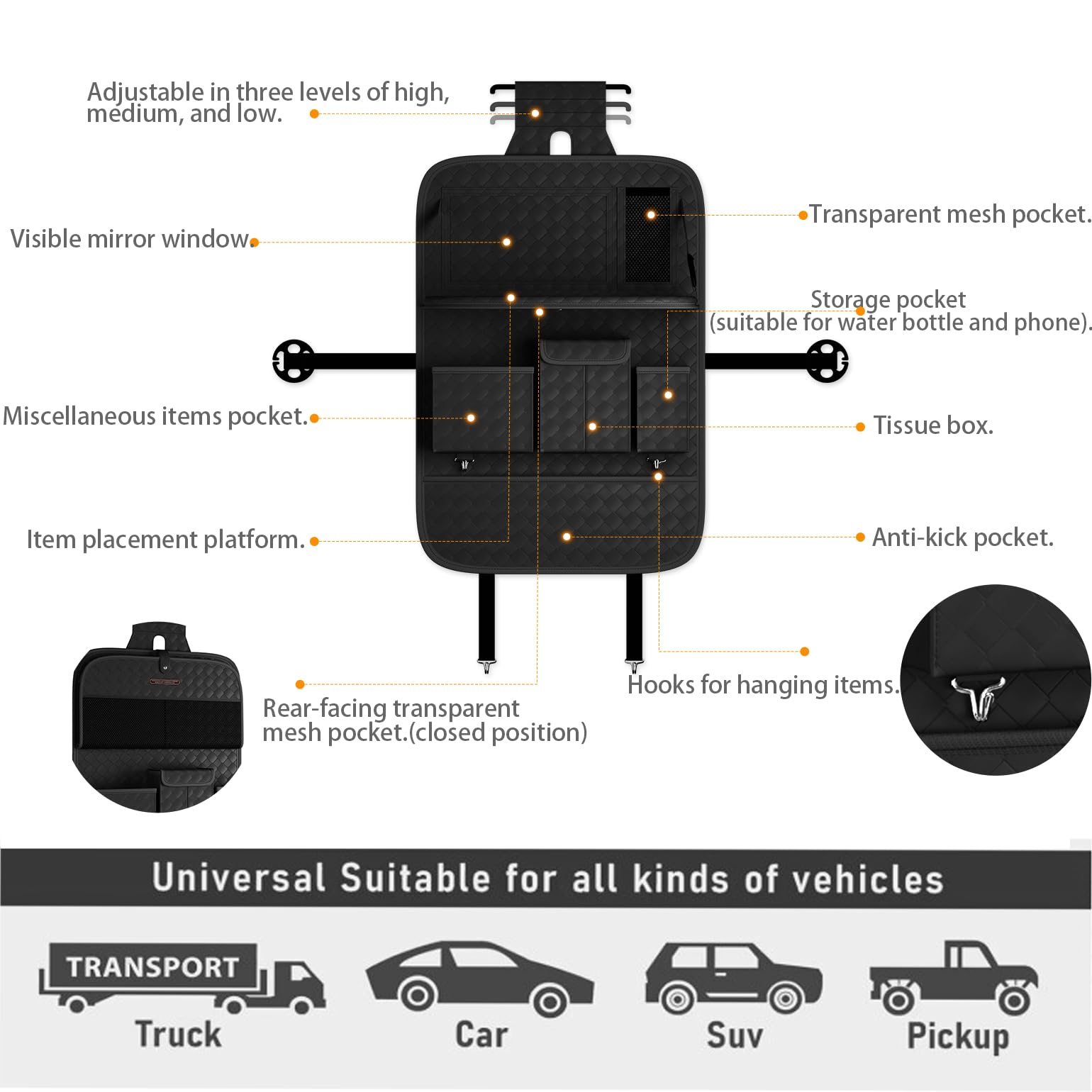 XDV Car Seat Organizers,Multi-functional Back Seat Protectors, Storage Pouches, and Tray Holders (for Cars, Kids, Seat Back and Rear Seats) (Woven Black, 1 Pcs)