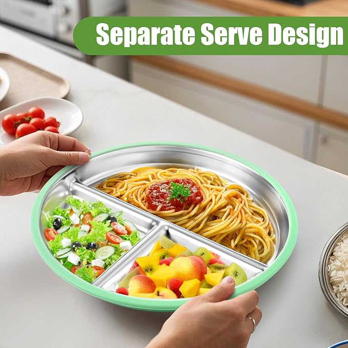 BUSOHA 3 Pack Stainless Steel Kids Plate with Suction - 8.1” Divided Toddler Baby Plates with Silicone Sleeves Non-Slip 2-in-1 Anti Breakage Metal Toddler Bowls Microwave Dishwasher Safe