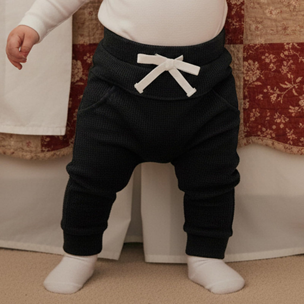 Sejardin Toddler Baby Boy Girl Pants 3 Pack Solid Color Elastic Waist Jogger Sweatpants Newborn Infant Casual Bottoms (Waffle Black Apricot Green, 6-12 Months)